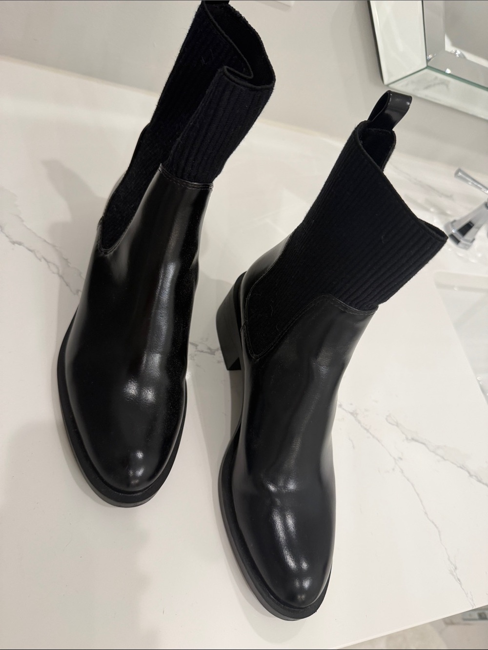 Zara Black Leather Sock-Style Ankle Boots